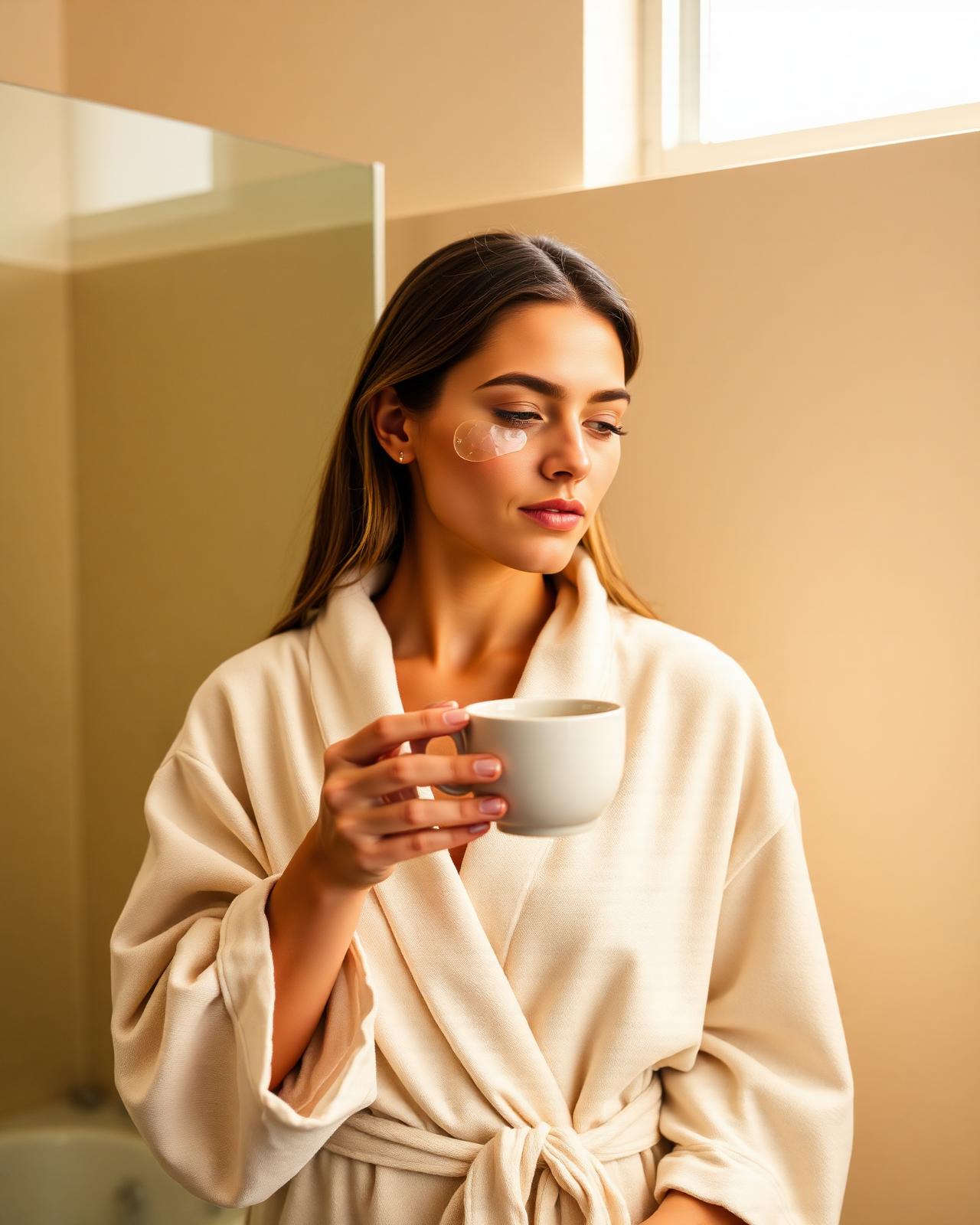 Woman in a linen robe applying Clear and Bloom hydrogel patches in soft morning light