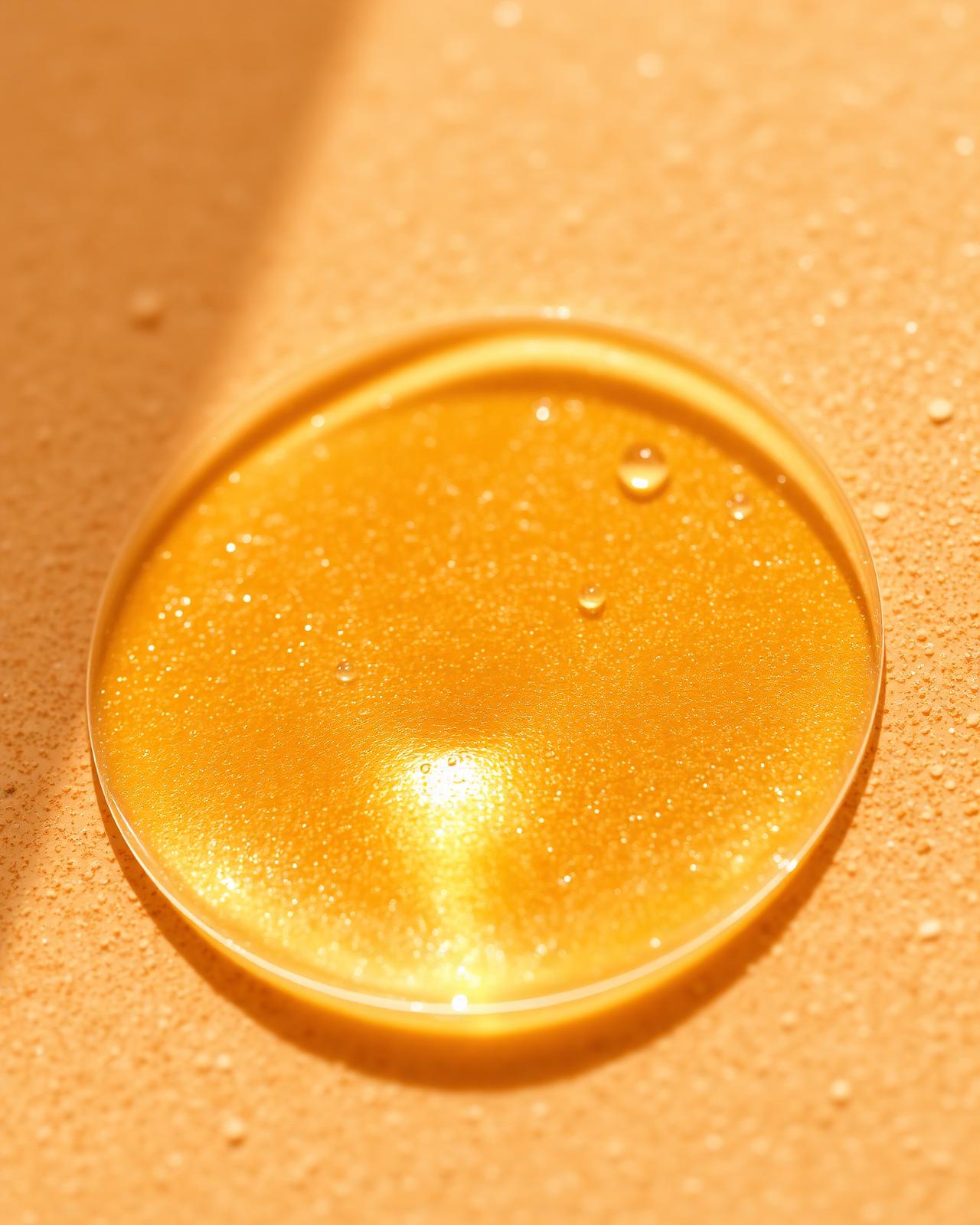 Close-up macro of a translucent golden hydrogel under-eye patch